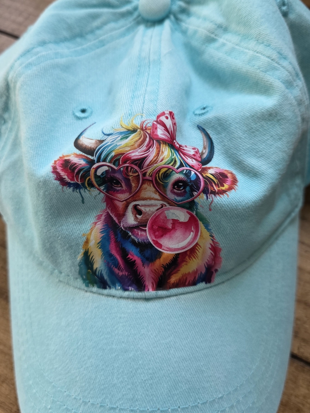 Turquoise Women's Baseball Cap with Colorful Cow Graphic